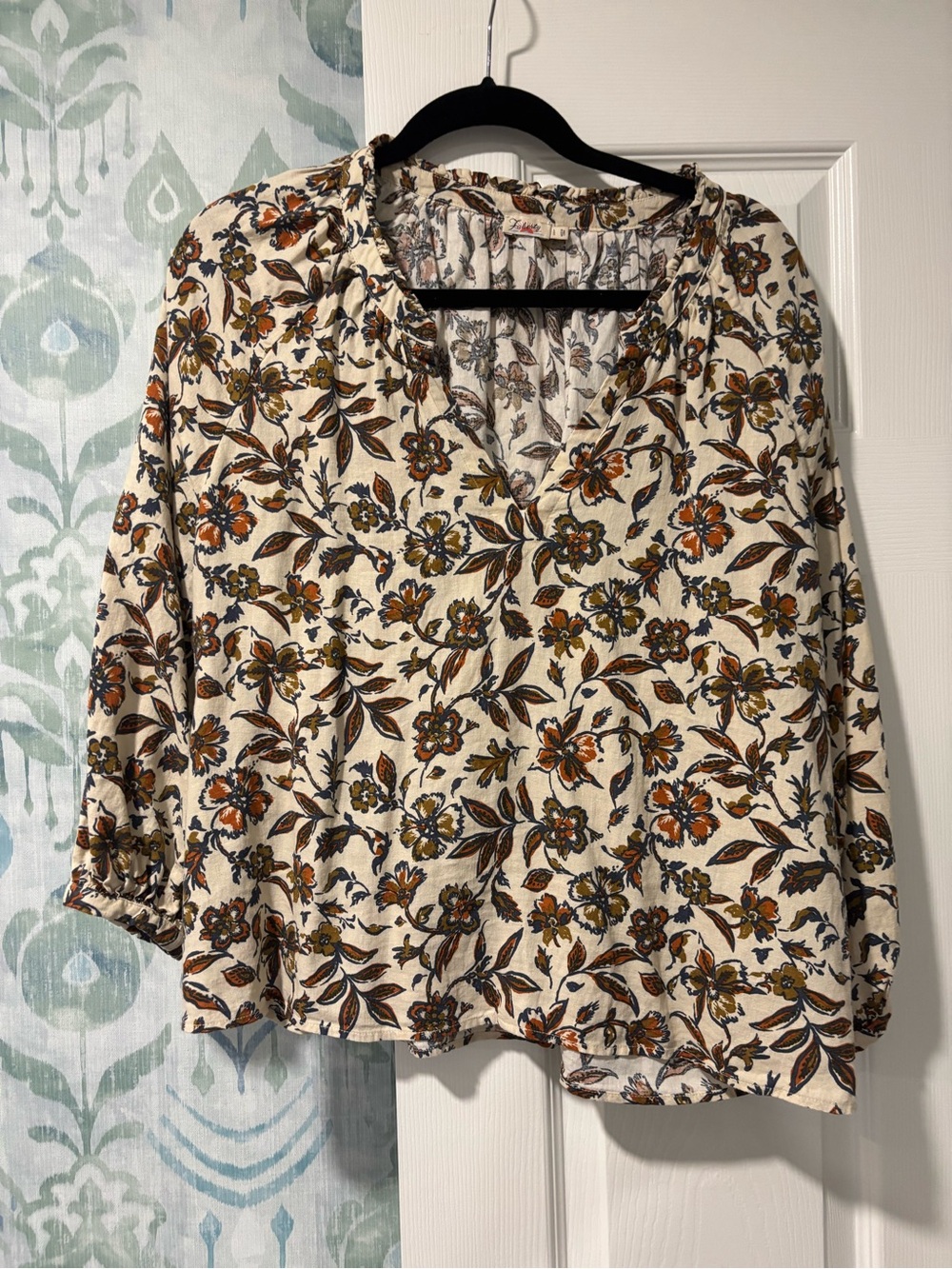 Faherty Ivory Long Sleeve Floral V-Neck Top with Brown & Orange Print